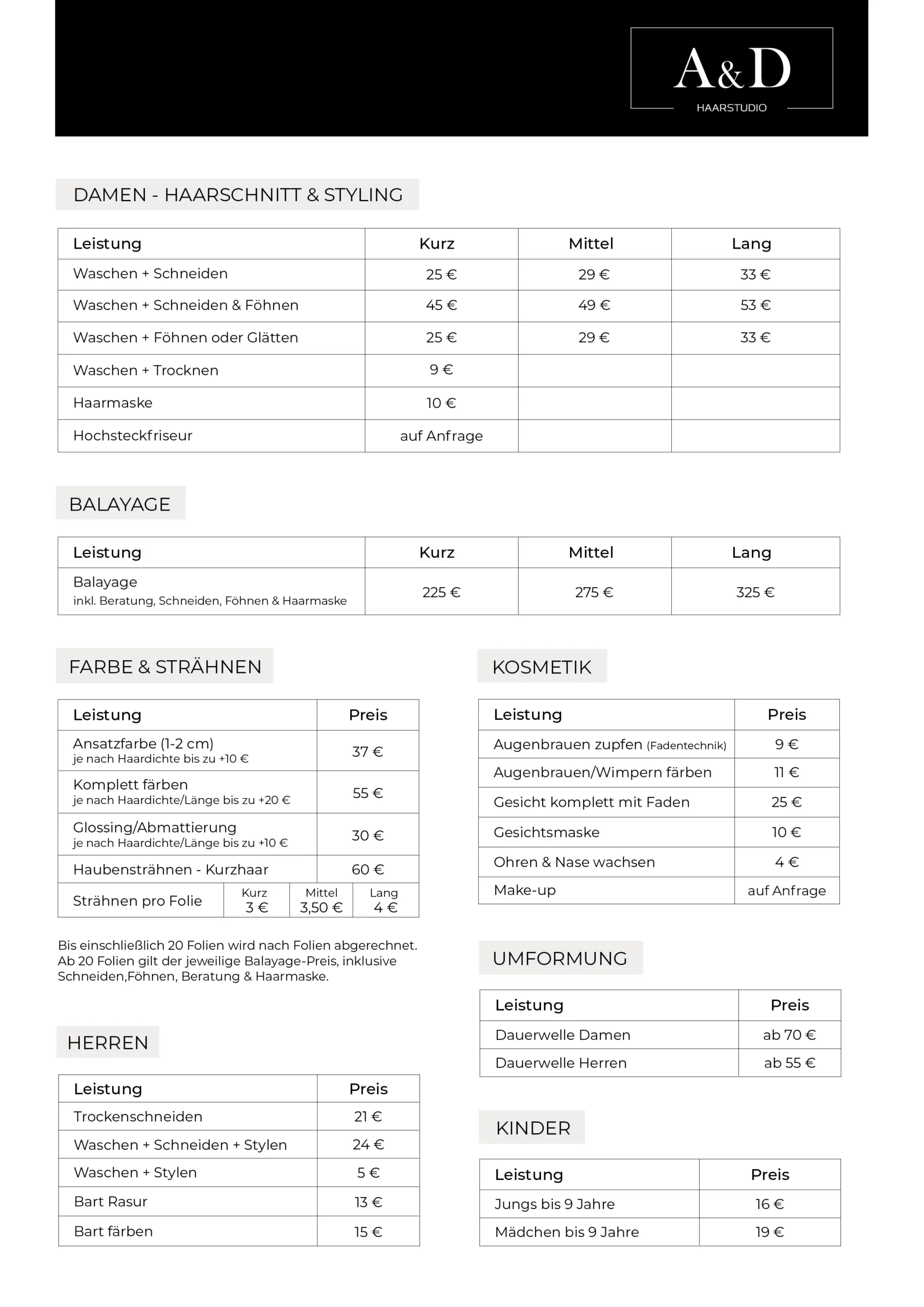 A&D Haarstudio Frechen Preisliste